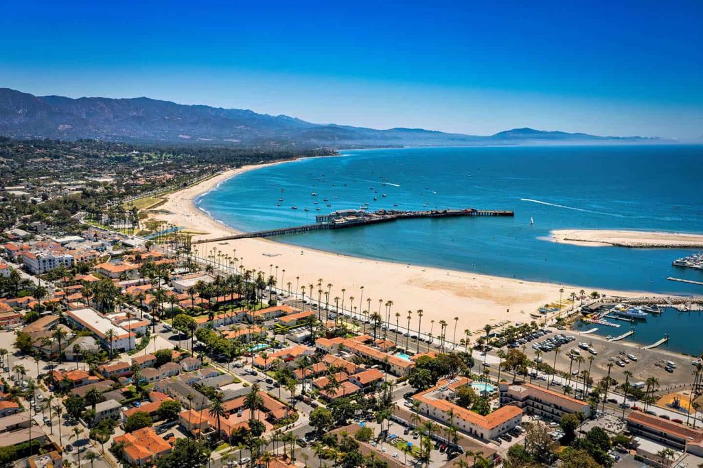 aerial view of the santa barbara coastline and pier